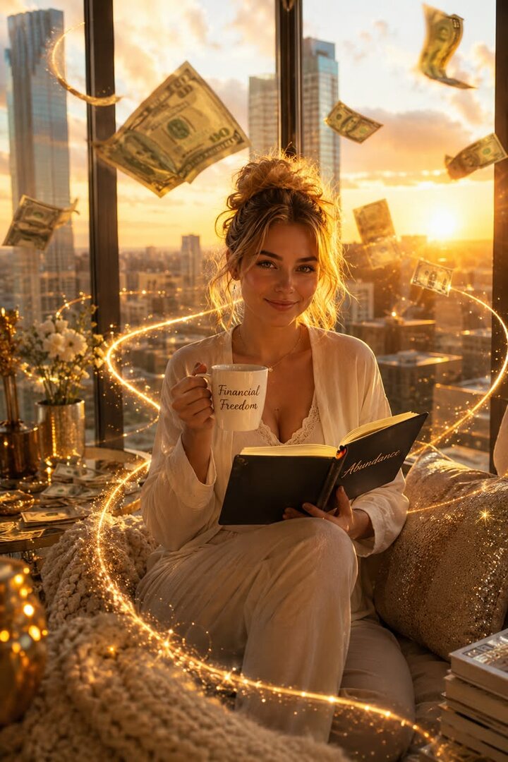 Mujer leyendo sobre abundancia y libertad financiera