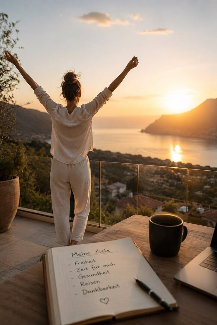 Mujer contemplando un amanecer y escribiendo sus objetivos