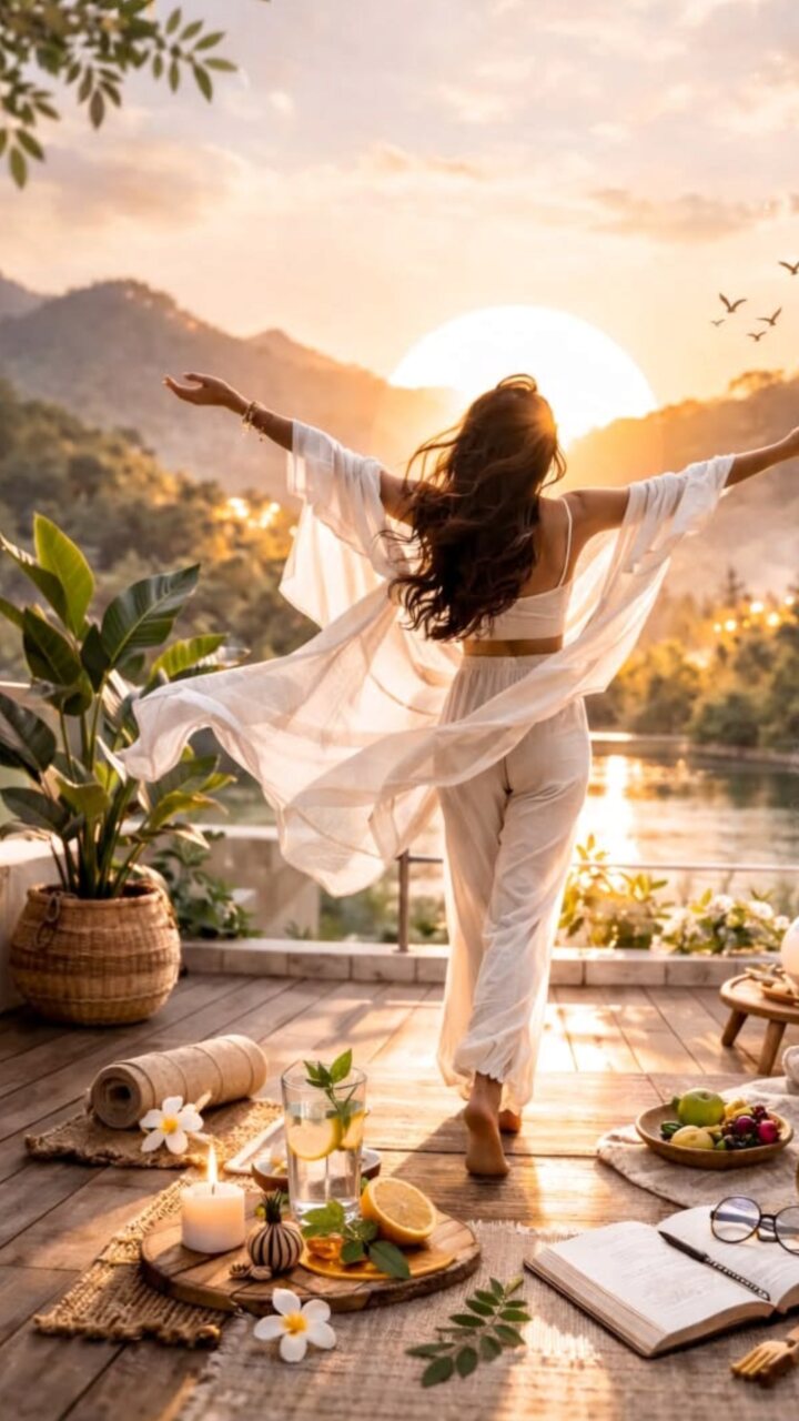 Mujer recibiendo el amanecer con libertad